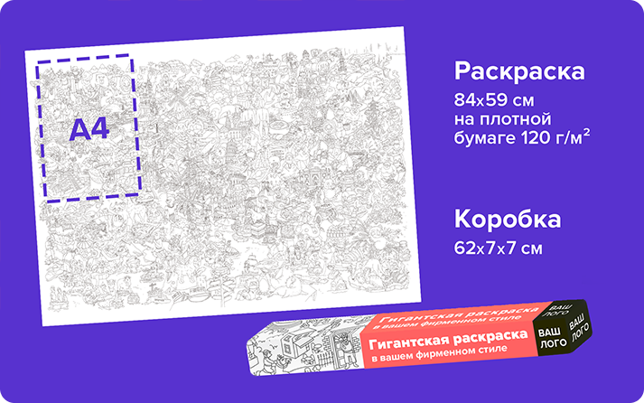 Размеры гигантской раскраски и коробки.