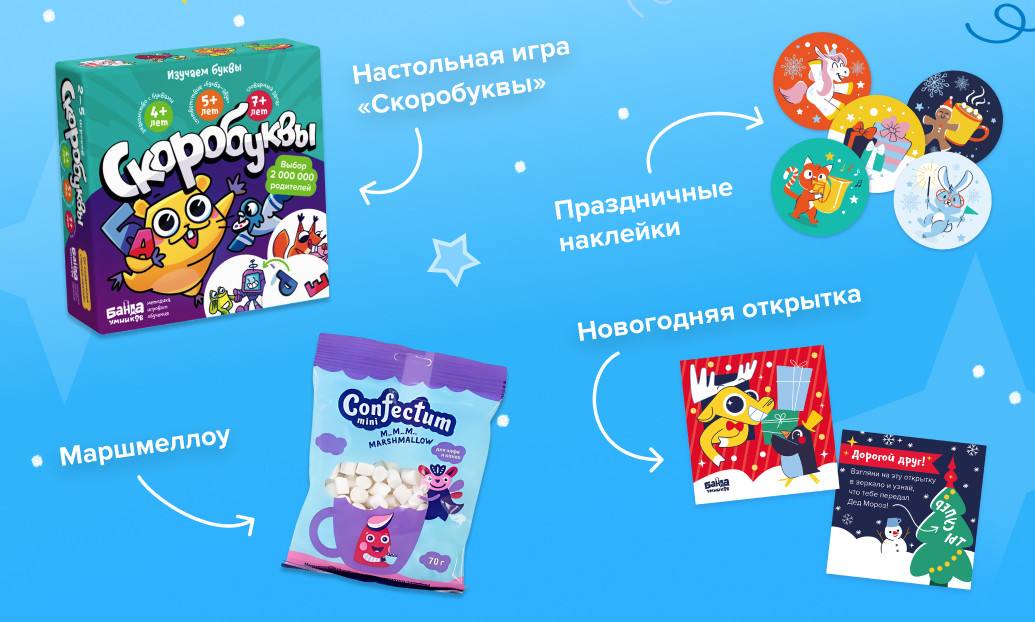 Состав новогоднего набора: игра «Скоробуквы», маршмеллоу, открытка и наклейки