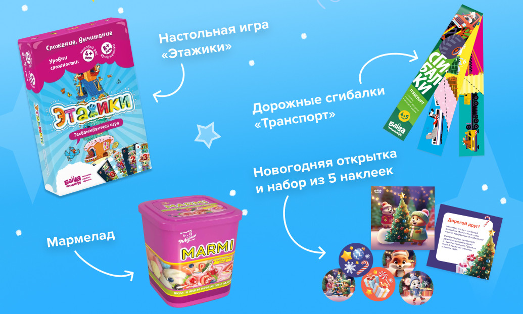 Состав новогоднего набора: игра «Этажики», сгибалки «Транспорт», мармелад, открытка и наклейки
