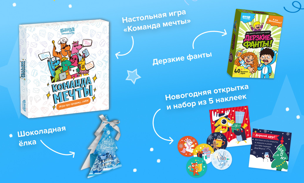Состав новогоднего набора: игра «Команда мечты», «Дерзкие фанты», шоколадная ёлка, открытка и наклейки