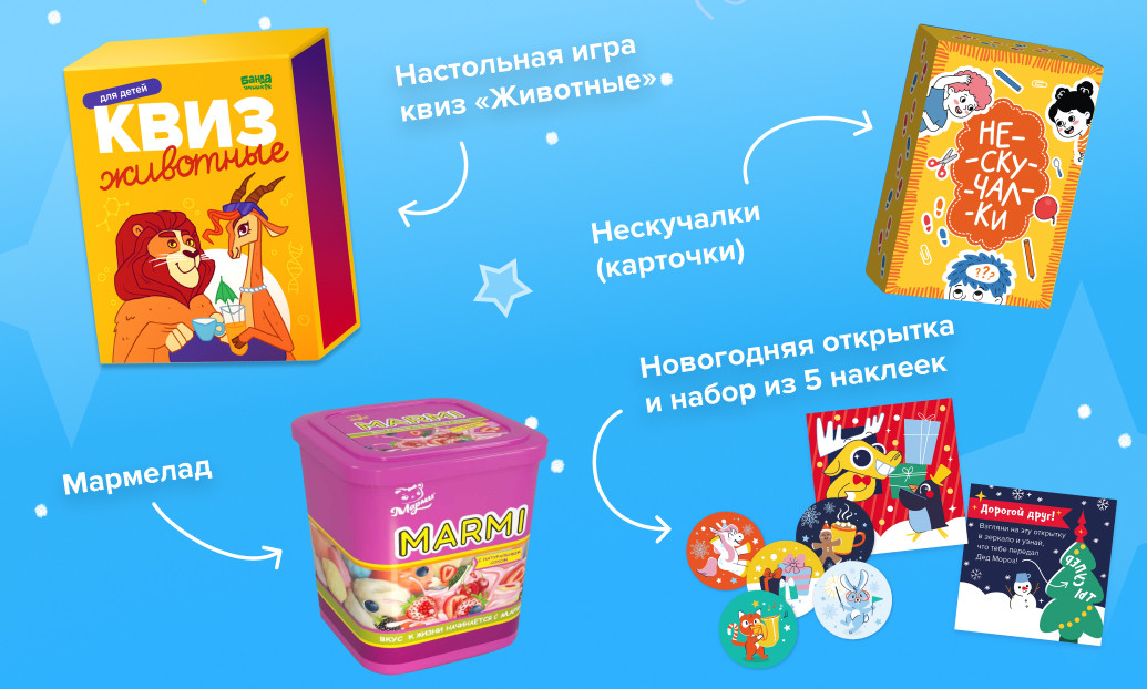 Состав новогоднего набора: квиз «Животные», «Нескучалки», мармелад, открытка и наклейки