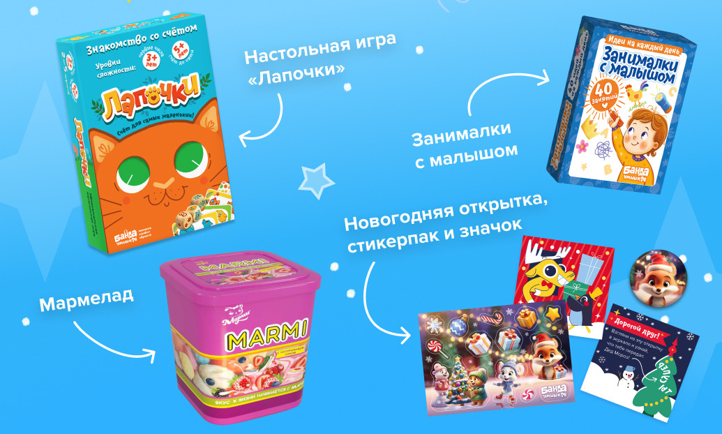 Состав новогоднего набора: игра «Лапочки», «Занималки с малышом», мармелад, значок, стикерпак и открытка