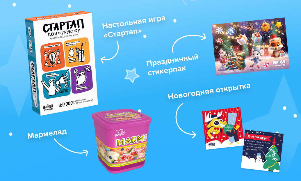 Состав новогоднего набора: игра «Стартап-конструктор», мармелад, стикерпак и открытка
