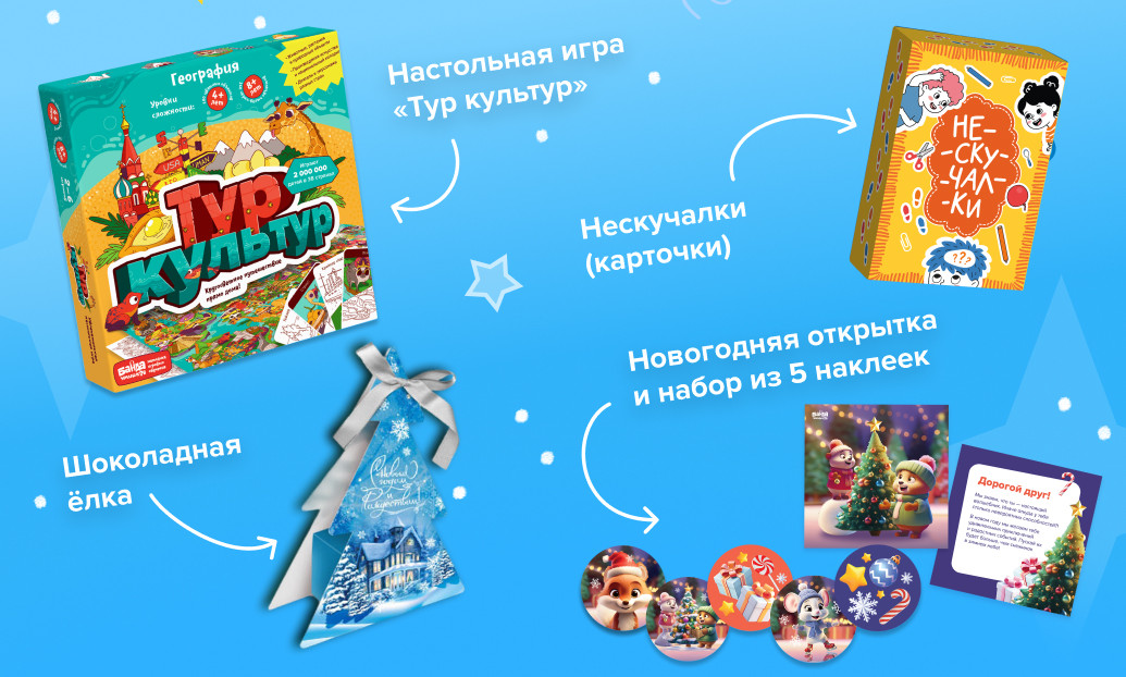 Состав новогоднего набора: игра «Тур культур», шоколадная ёлка, «Нескучалки», открытка и наклейки