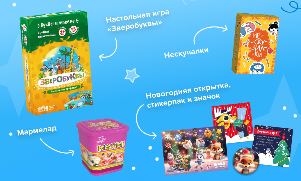 Состав новогоднего набора: игра «Зверобуквы», «Нескучалки», мармелад, значок, стикерпак и открытка