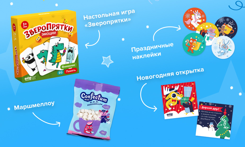 Состав новогоднего набора: игра «Зверопрятки», маршмеллоу, открытка и наклейки