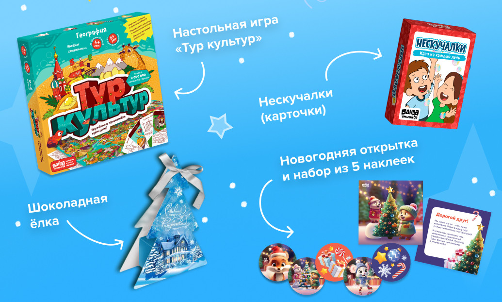 Состав новогоднего набора: игра «Тур культур», шоколадная ёлка, «Нескучалки», открытка и наклейки