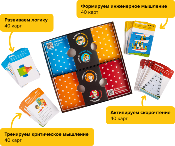 Что внутри коробки: 160 карт на 4 разные темы