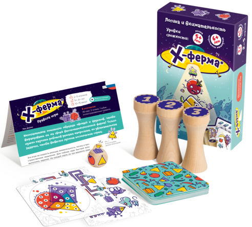 Состав игры Х-ферма: тотемы, карты и кубик